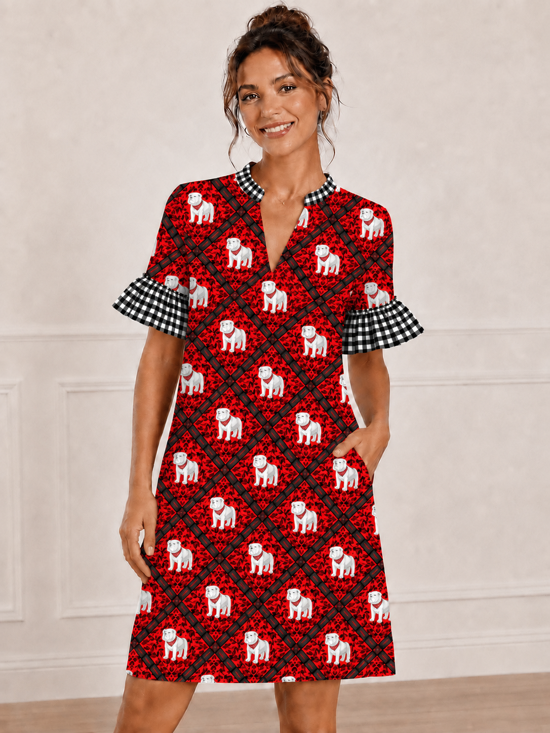 Mandarin Collar Red & Black Game Day Dress ***PREORDER