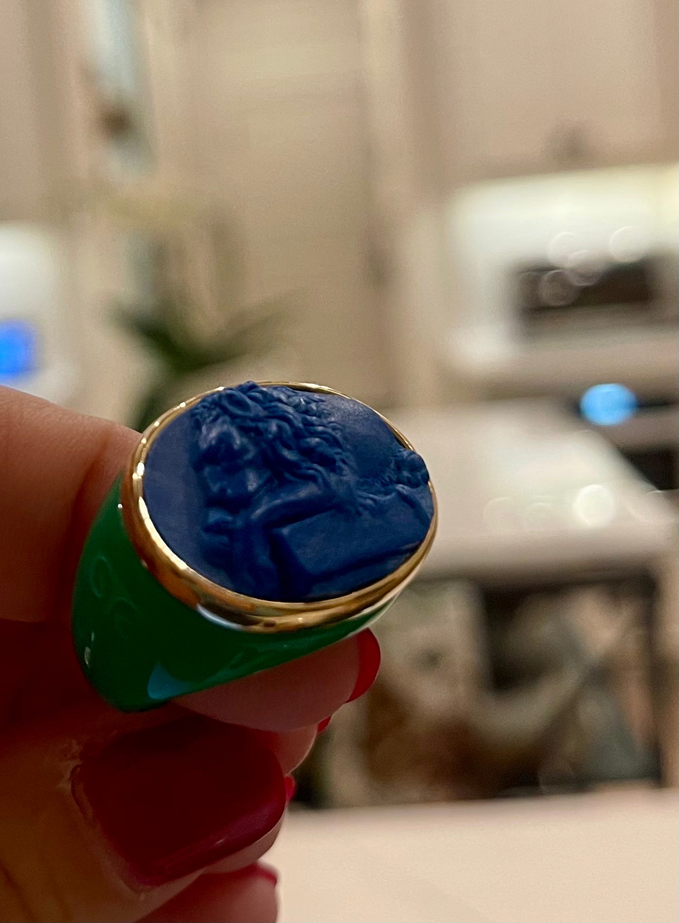 Lapus Blue Reclining Lion on Emerald Ring Signed