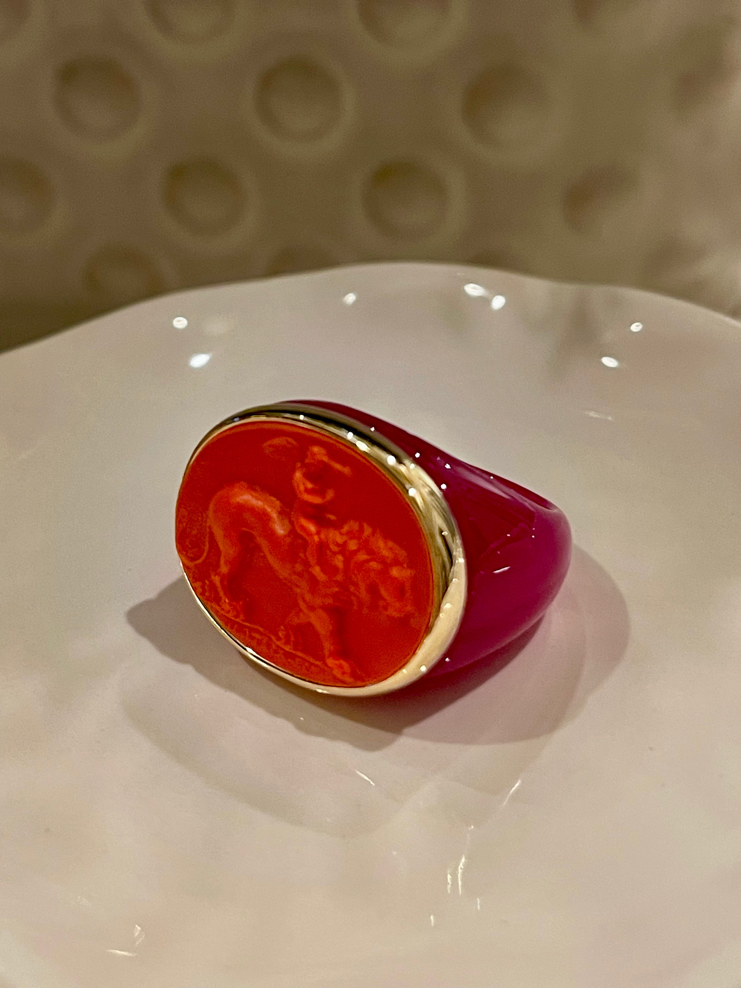 Orange Warrior on Lion Signet Ring Signed