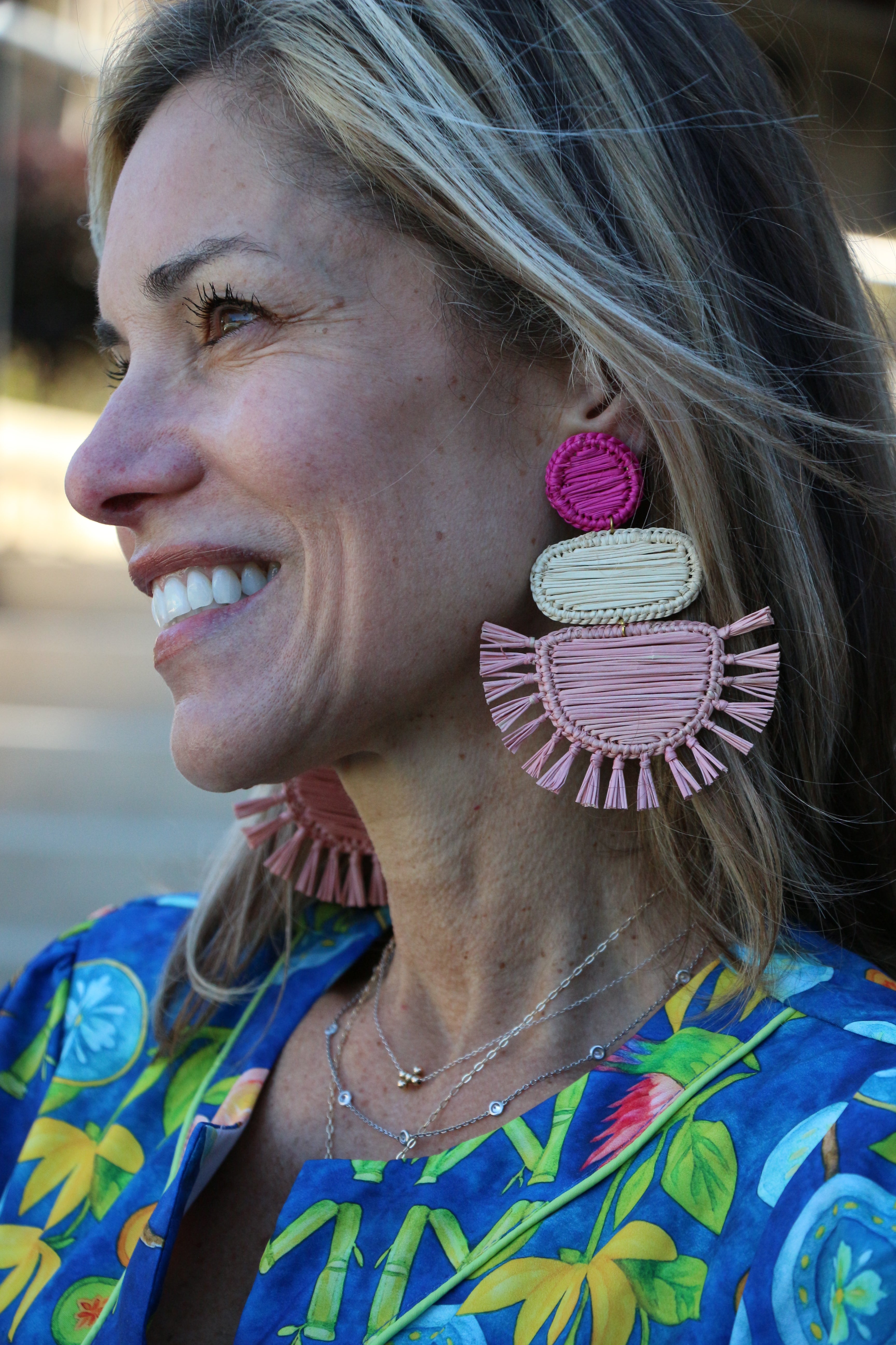 Statement Pink Raffia Earrings Made in Columbia, South America